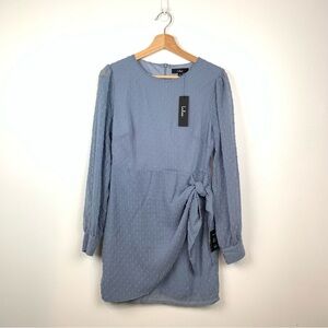 Lulus Mini Dress Blue Swiss Dot Textured Long Sleeve Tie Front  Sz Small